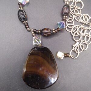 Sterling Silver Necklace with Square AB Cube Crystals and Brown Agate Stones.